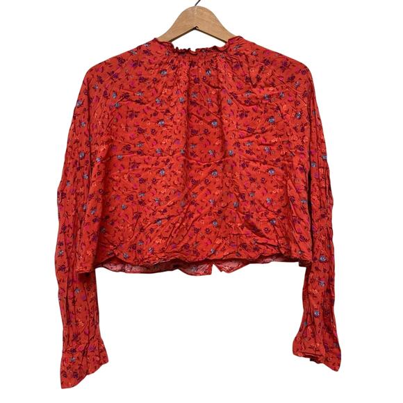 Free People Orange Floral Long Sleeve Cropped Top Medium - Picture 1 of 6